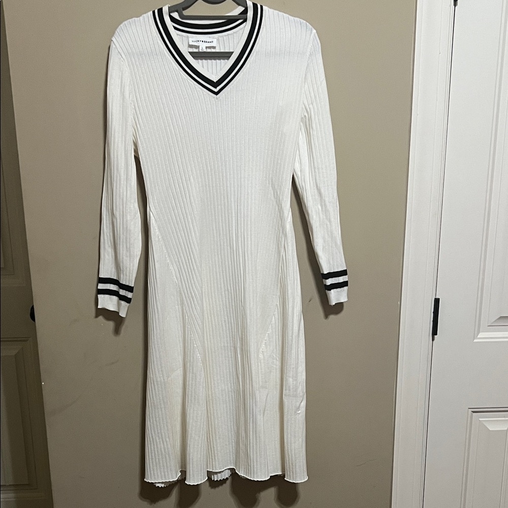 Lucky Brand White Ribbed V-Neck Sweater Dress with Black Stripe Trim
